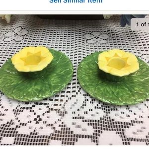 Two Vintage Wedgwood Yellow Flower Candleholders